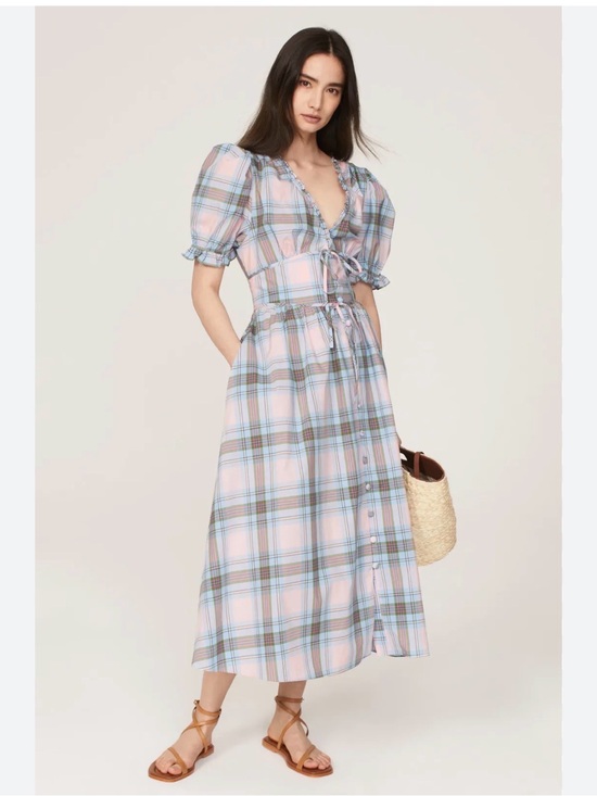 Hill House Dresses & Skirts - Plaid Puff-Sleeve Midi Dress in Pastel Pink and Blue hill house home